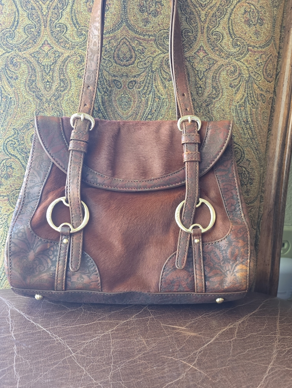 DKNY Brown Leather And Calfhair Shoulder Bag with Patterned Trim